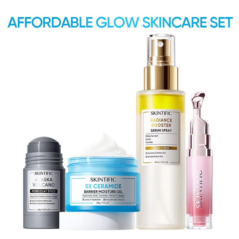 Affordable Glow Skincare Set - 5X Ceramide Gel, Alaska Volcano Clay Stick, Radiance Booster Spray & Peptide Lip Serum