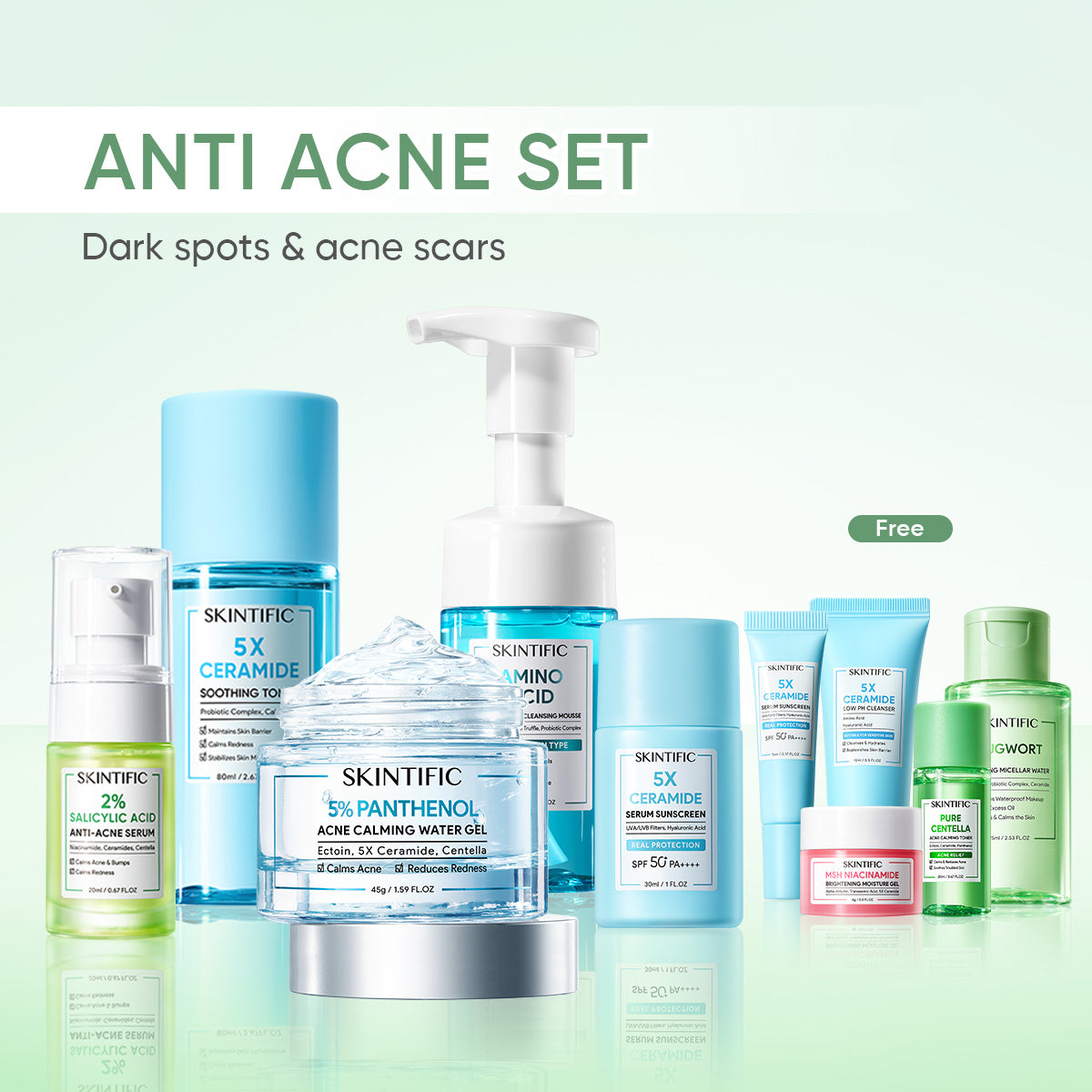【Buy 5 Get 5 Free】5pcs acne set：panthenol moist+acne serum+5x toner+cleaning mousse+5X Sunscreen