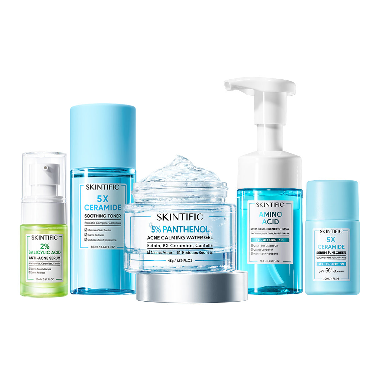 【Buy 5 Get 5 Free】5pcs acne set：panthenol moist+acne serum+5x toner+cleaning mousse+5X Sunscreen